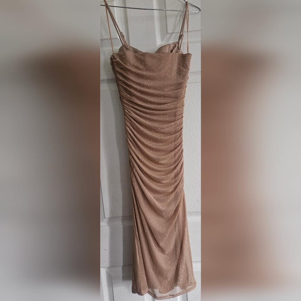 Tan Evening Corset Rhinestone Midi Dress with Spaghetti Straps